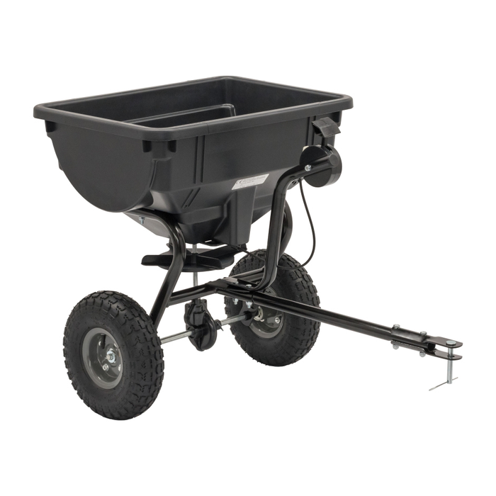 Stiga 38kg-Capacity Towed Broadcast Spreader | 13-0955-11 - Front View with Tow Bar and Spread-Rate Adjustment Lever.