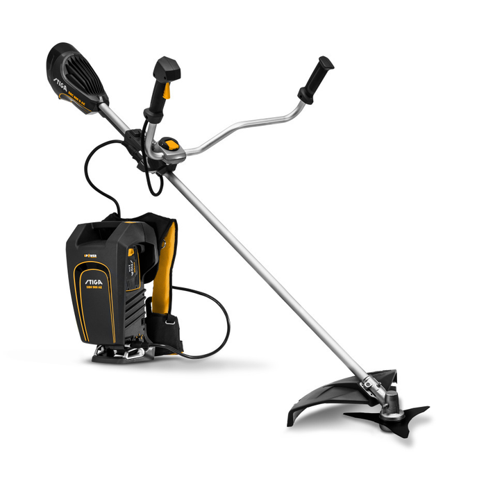 Stiga SBC 900 D AE 48v Cordless Brushcutter - Main Image - Upright - Right Facing with Backpack Battery Harness.