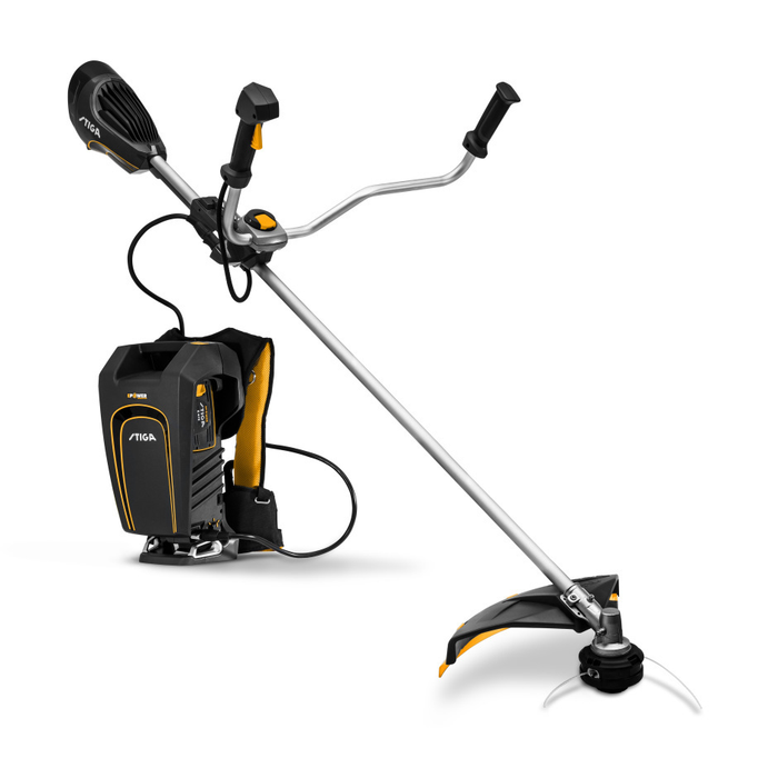 Stiga BC 900e B 48v Cordless Brushcutter with ‘Cowhorn’ Handle - Main Image - Right Facing with Backpack Battery Harness.