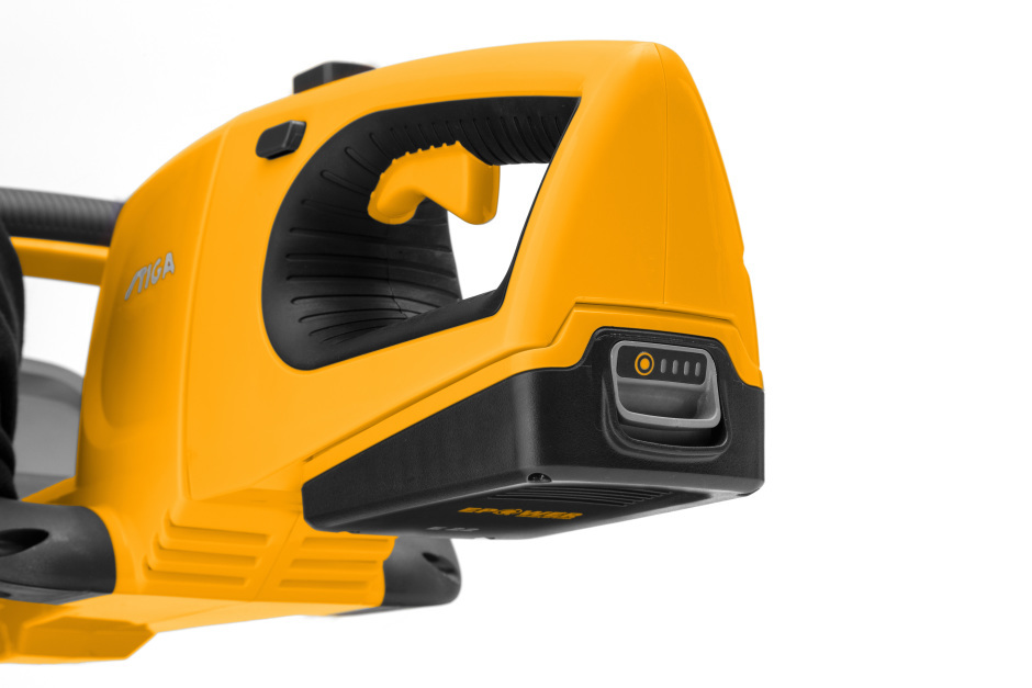 Stiga HT 100e KIT 20v Cordless Hedgetrimmer - Rear Handle with Battery in Slot.