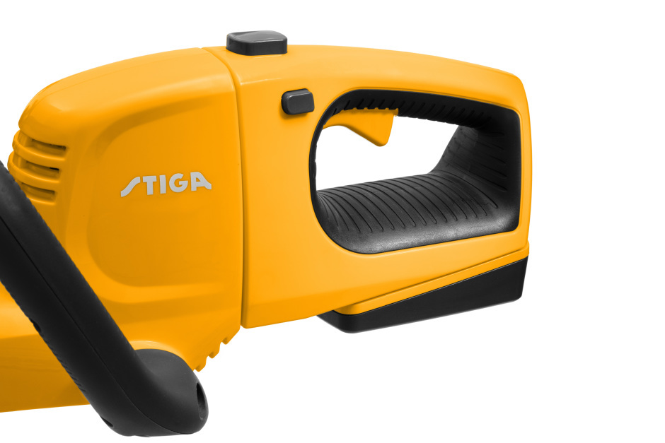 Stiga HT 100e KIT 20v Cordless Hedgetrimmer - Rear Handle with Trigger and Handle-Adjustment Buttons.
