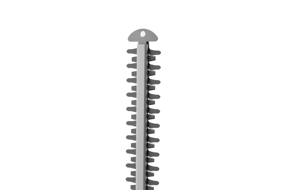 Stiga HT 100e KIT 20v Cordless Hedgetrimmer - Double-Sided Blades - Top View with Tip Protector and Hanging-Hole.
