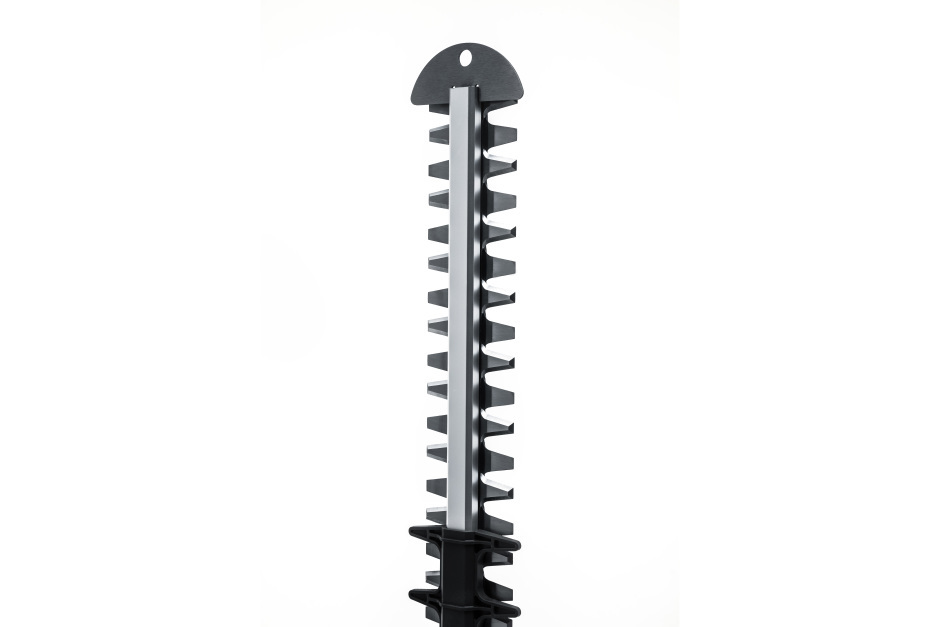 Stiga HT 900e 48v Cordless Hedgetrimmer - Double-Sided Blades - Top View with Tip Protector and Hanging-Hole.