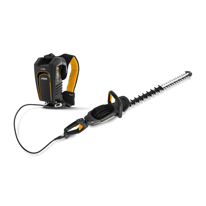 Stiga HT 900e 48v Cordless Hedgetrimmer - Paired with Backpack Battery Harness.