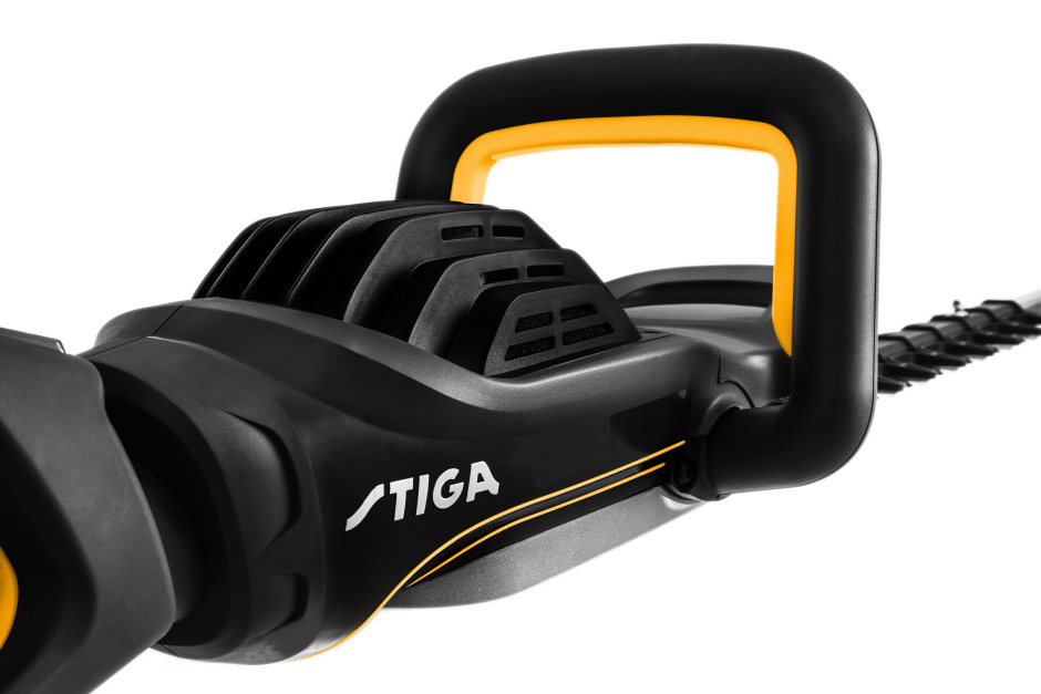 Stiga HT 900e 48v Cordless Hedgetrimmer - Rear-Right View - Close-Up.