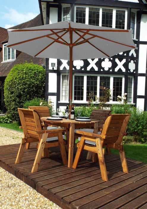 Charles Taylor Traditional Wooden 4-Seater Circular Table Set with Grey Cushions & Parasol | HB09GR