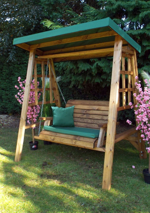 Charles Taylor ‘Dorset’ 2-Seater Wooden Swing with Green Cushions & Detachable Roof Cover | HB133G