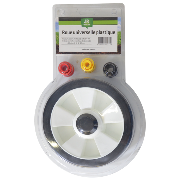 Lawnmower Spare Wheel 18cm- JR Spares - Universal Fit with 3 x ring adapters 8-10-12-12.8mm JR-ROU002