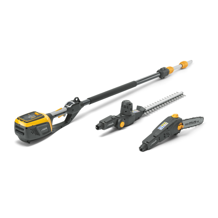 Stiga MT 500e 48v Cordless Multi-Tool - Shaft, Hedgetrimmer Attachment and Pruner Attachment - Right Facing.