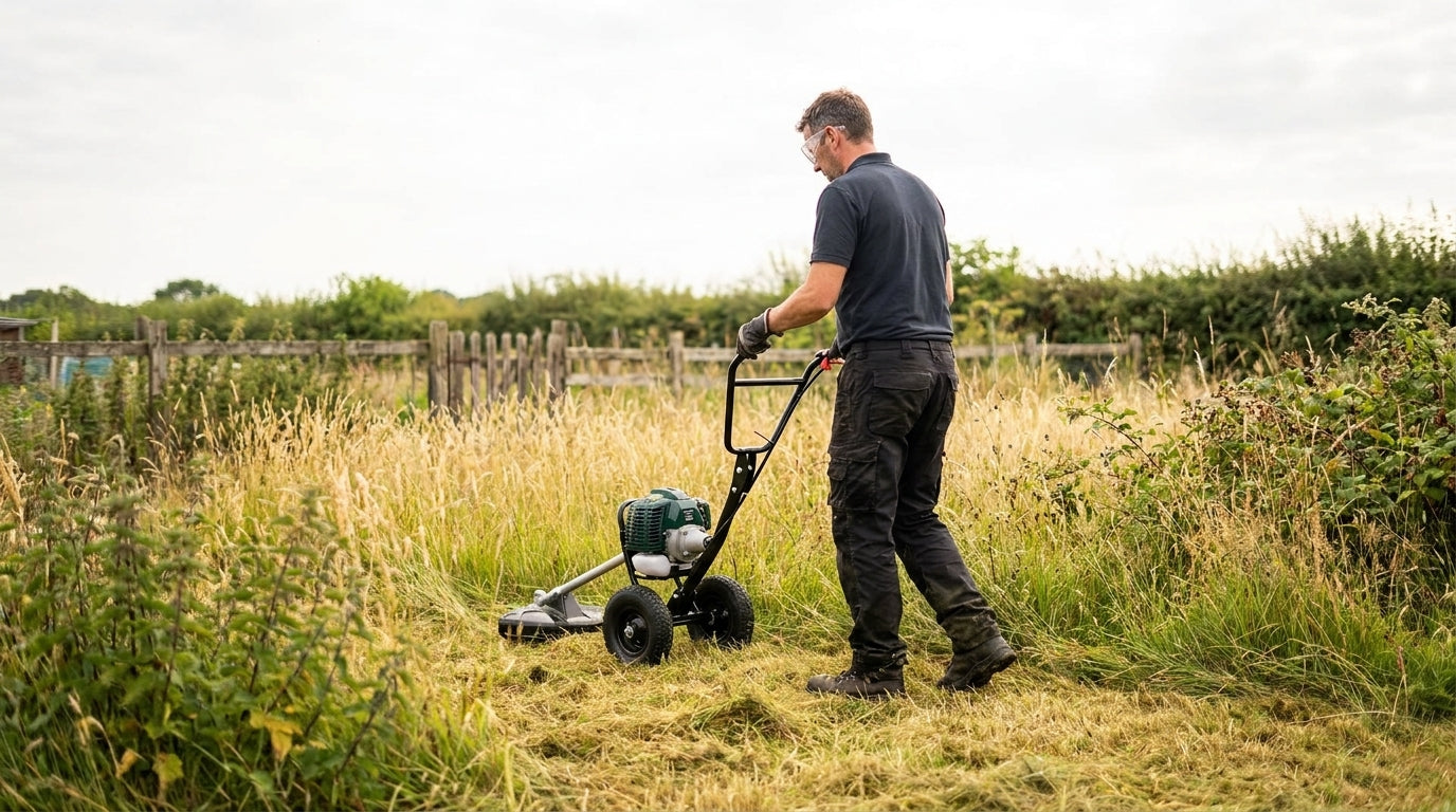 Gardener clearing waist-high overgrown grass on an allotment with a Spectrum wheeled petrol trimmer