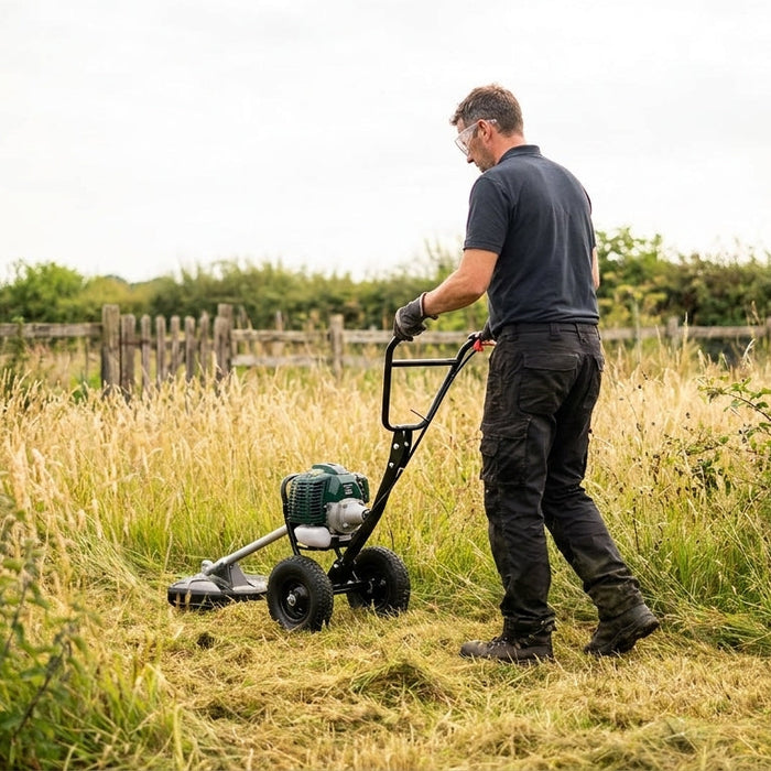 Gardener clearing waist-high overgrown grass on an allotment with a Spectrum wheeled petrol trimmer