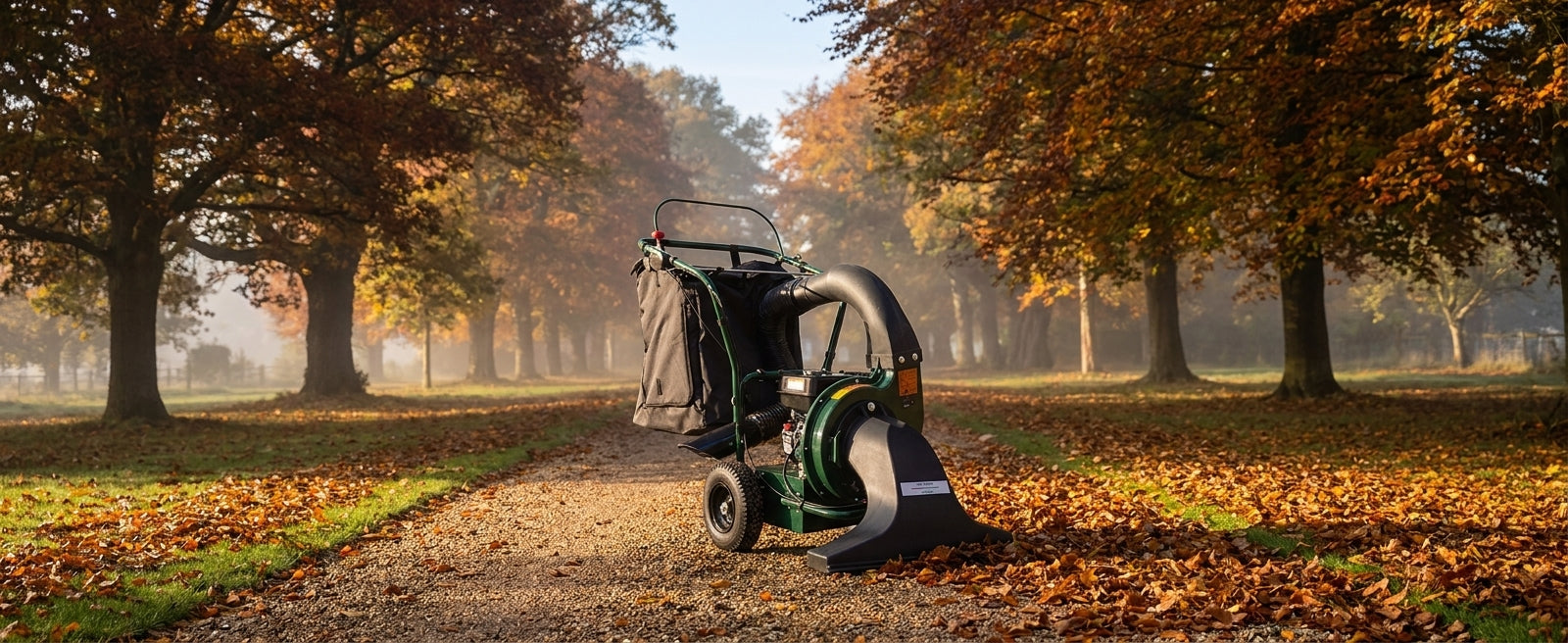 Spectrum SP6501VC walk-behind petrol leaf vacuum on a leaf-covered gravel driveway of an English estate in autumn
