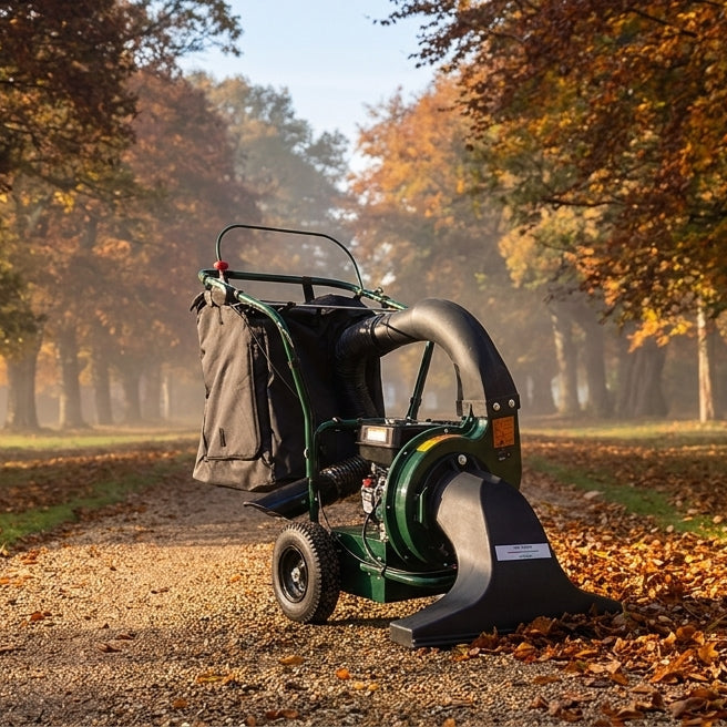 Spectrum SP6501VC walk-behind petrol leaf vacuum on a leaf-covered gravel driveway of an English estate in autumn