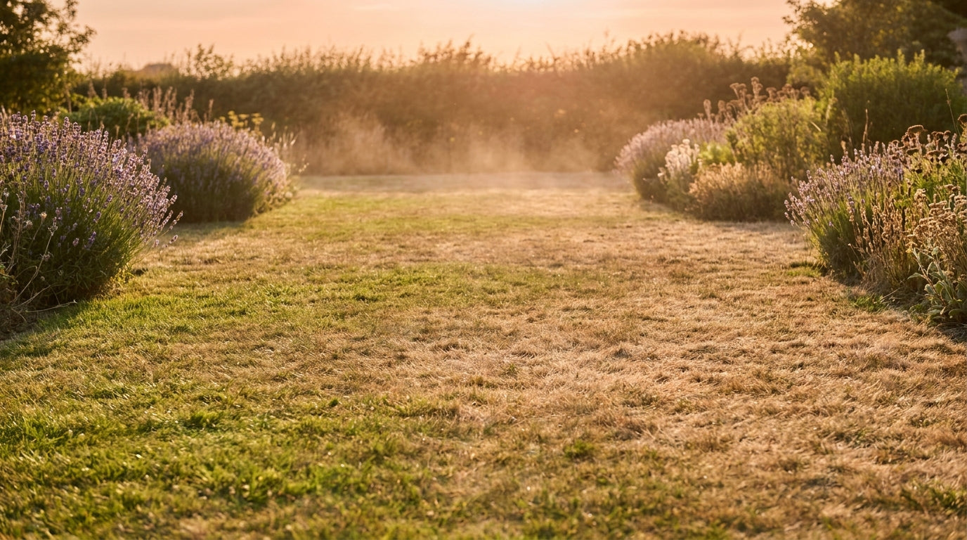 British garden lawn in a summer heatwave showing green grass turning to straw-golden dormant patches in golden evening light