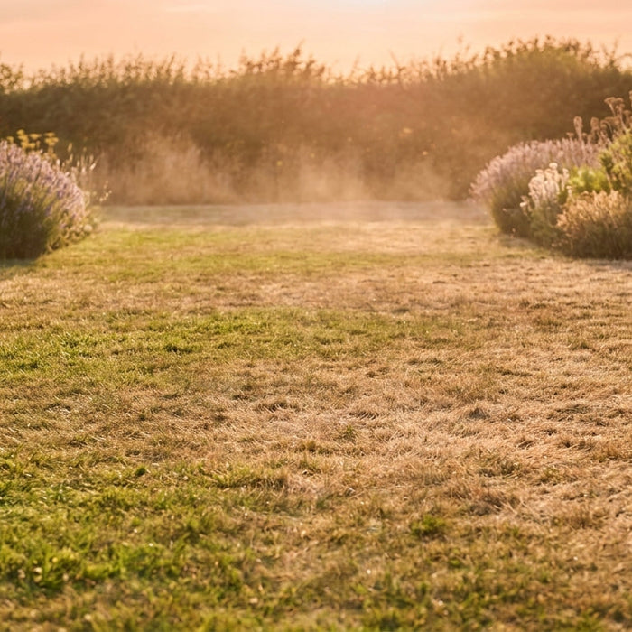 British garden lawn in a summer heatwave showing green grass turning to straw-golden dormant patches in golden evening light