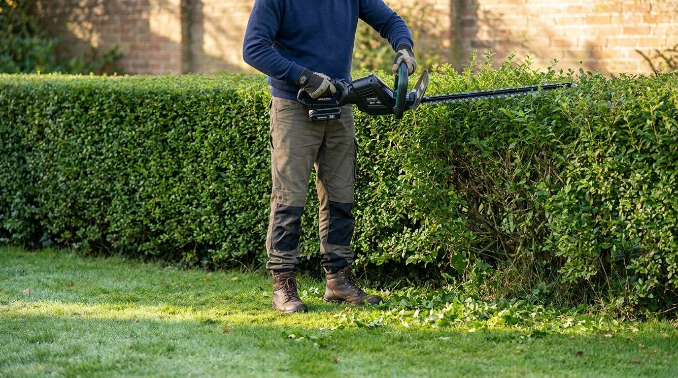 Gardener with a Spectrum cordless hedge trimmer working a British garden hedge in late spring