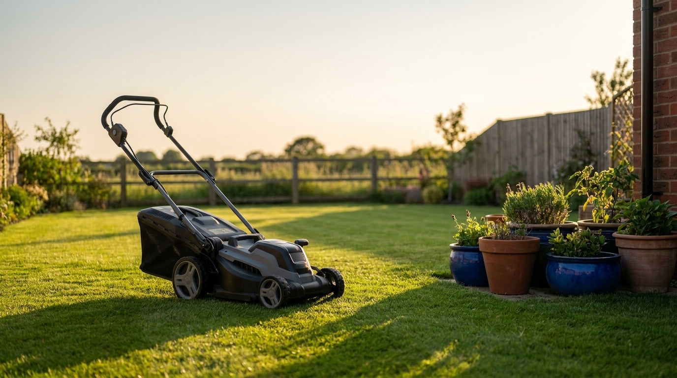 Cordless lawn mower on a freshly cut British garden lawn with potted plants grouped in shade before a summer holiday