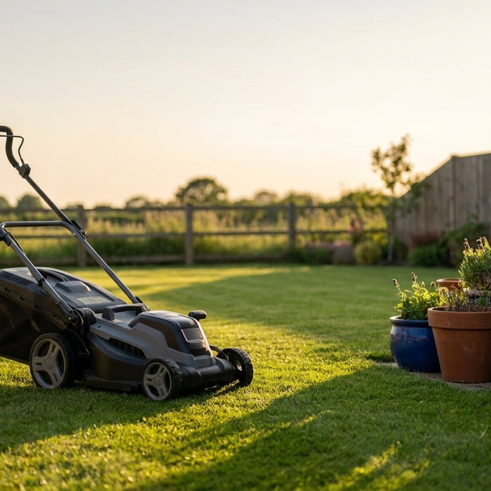 Cordless lawn mower on a freshly cut British garden lawn with potted plants grouped in shade before a summer holiday