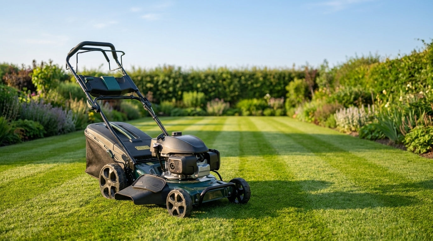Self-propelled petrol lawn mower on a striped green lawn in a British garden