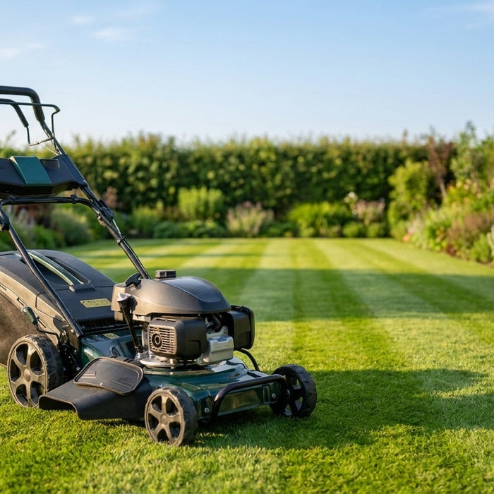 Self-propelled petrol lawn mower on a striped green lawn in a British garden