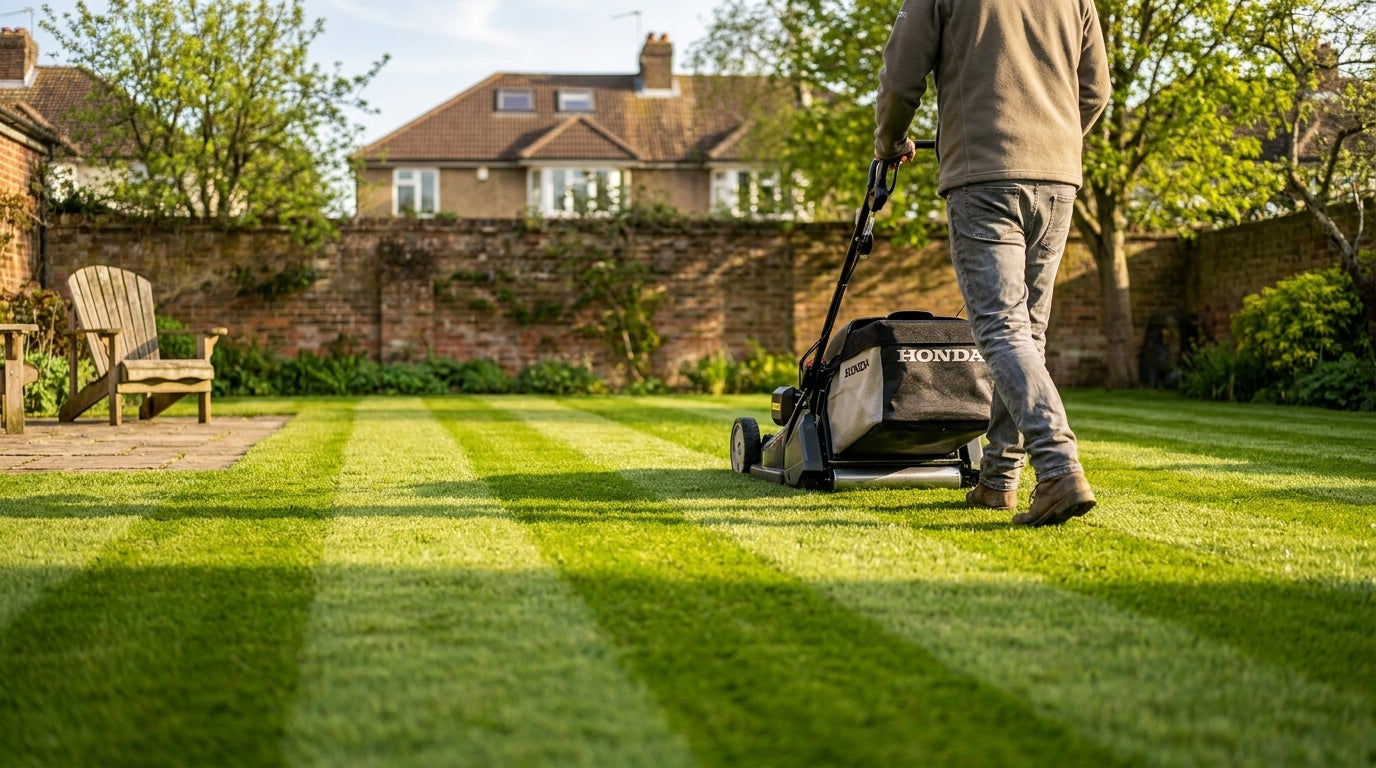 Person mowing parallel stripes on a striped British suburban lawn with a Honda rear-roller petrol mower