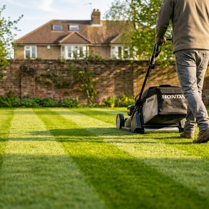Person mowing parallel stripes on a striped British suburban lawn with a Honda rear-roller petrol mower