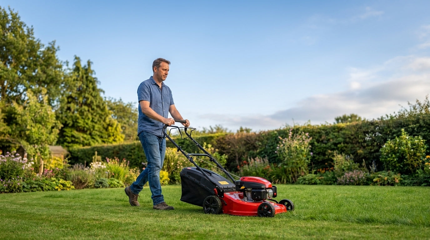 Gardener mowing a suburban lawn with a red self-propelled petrol lawnmower on a sunny afternoon