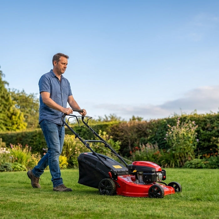 Gardener mowing a suburban lawn with a red self-propelled petrol lawnmower on a sunny afternoon