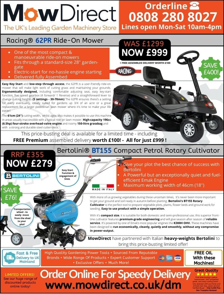 The Daily Mail  Offer  -  Racing 62PR Ride-On Mower and Bertolini BT 155 Cultivators