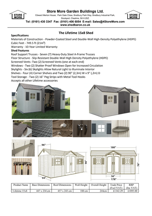Lifetime 15 x 8 Heavy Duty Plastic Shed - Single Entry