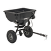 Stiga 38kg-Capacity Towed Broadcast Spreader | 13-0955-11 - Front View with Tow Bar and Spread-Rate Adjustment Lever.