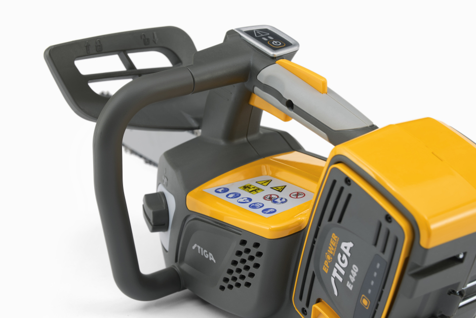 Stiga PR 700e 48v Cordless Top-Handle Arborist’s Chainsaw - Rear-Left View Close-Up - Top Handle with Electronic Keypad Control and Activation Triggers.