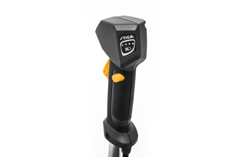 Stiga BC 900e B 48v Cordless Brushcutter - Handlebar with Battery-Status Indicator and Activation-Triggers.