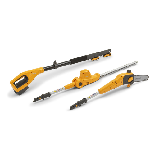 Stiga MT 100e KIT 20v Cordless Multi-Tool - Main Image - Power Unit, Hedgetrimmer Attachment and Pruner Attachment - Right Facing.