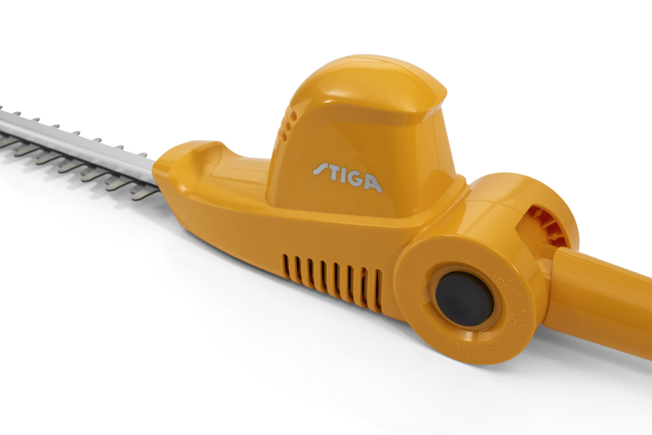 Stiga MT 100e KIT 20v Cordless Multi-Tool - Hedgetrimmer Attachment with Angle-Adjustment Button.