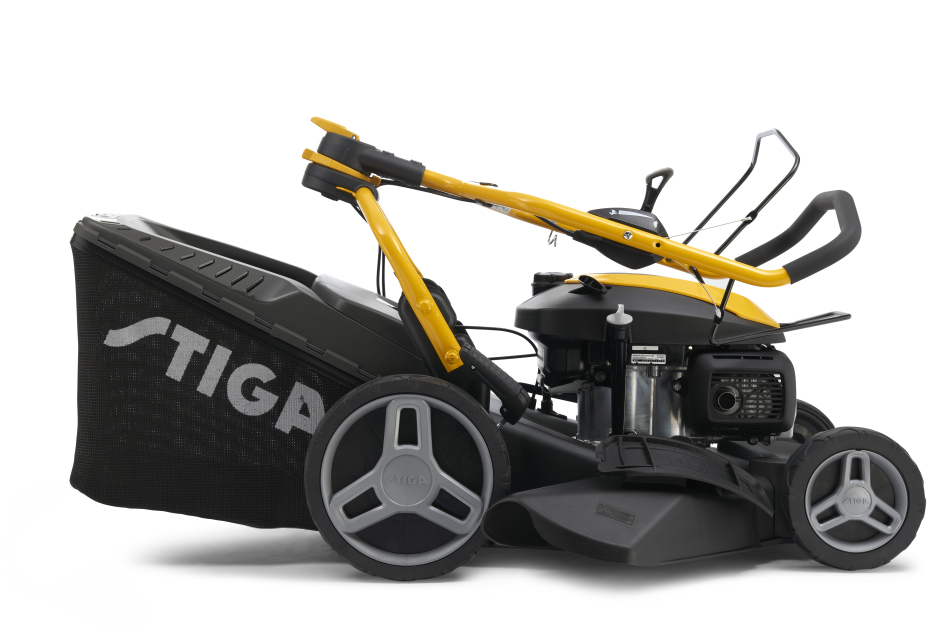 Stiga Combi 748 V - Side View - Right Facing with Handlebars Folded for Storage.