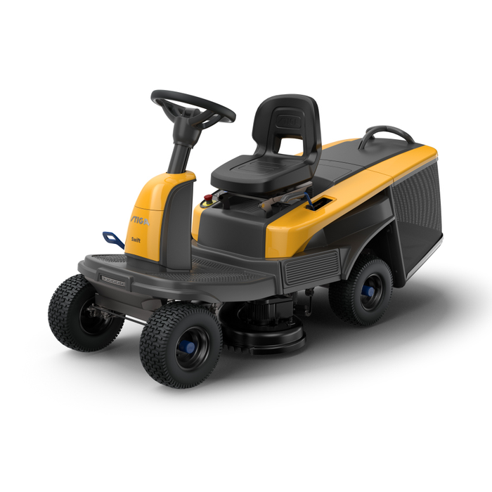 Stiga Swift 372e Battery-Powered Rear-Collect Ride-On Lawnmower with Stepless Electronic Drive - Main Image - Left Facing.
