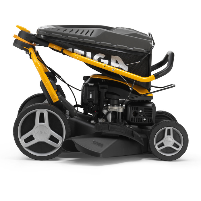 Stiga Combi 753 SE - Fulcrum Handlebar Folded for Storage with Grass-Collector on Top of Machine.