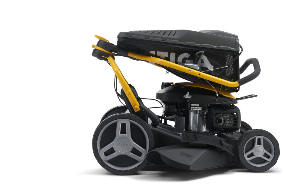 Stiga Combi 753 V - Fulcrum Handlebar Folded for Storage with Grass-Collector on Top of Machine.