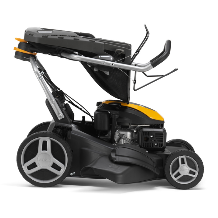 Stiga Combi 955 V - Fulcrum Handlebar Folded for Storage with Grass-Collector on Top of Machine.