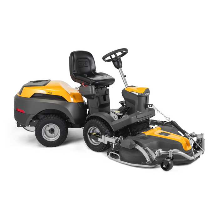 Stiga Park 500 WX 4WD V-Twin Front-Cut Ride-On Lawnmower - Main Image - Right Facing With Cutter Deck. 