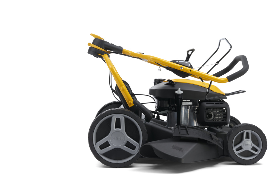 Stiga Combi 753 V - Fulcrum Handlebar Folded for Storage and Grass-Collector Removed.