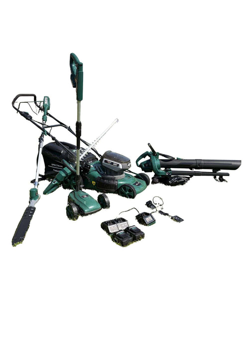 Spectrum 5-Piece Cordless Garden Tool Kit — Self-Propelled Mower, Hedge Trimmer, Pole Trimmer, Handy Mower & Blower Vac