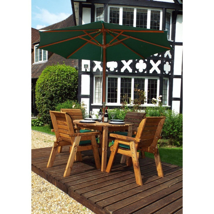 Charles Taylor Traditional Wooden 4-Seater Circular Table Set with Green Cushions & Parasol | HB09G