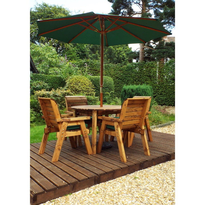 Charles Taylor Traditional Wooden 4-Seater Circular Table Set with Green Cushions & Parasol | HB09G
