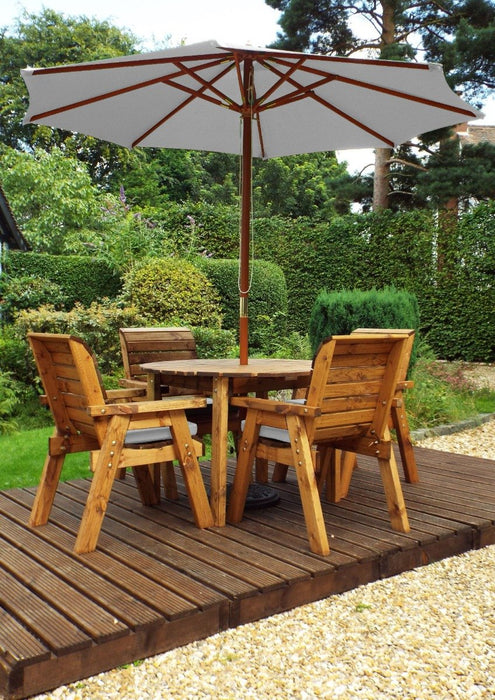 Charles Taylor Traditional Wooden 4-Seater Circular Table Set with Grey Cushions & Parasol | HB09GR
