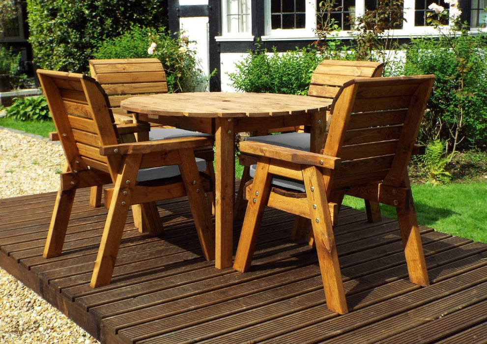 Charles Taylor Traditional Wooden 4-Seater Circular Table Set with Grey Cushions & Parasol | HB09GR