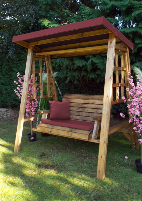 Charles Taylor ‘Dorset’ 2-Seater Wooden Swing with Burgundy Cushions & Detachable Roof Cover | HB133B