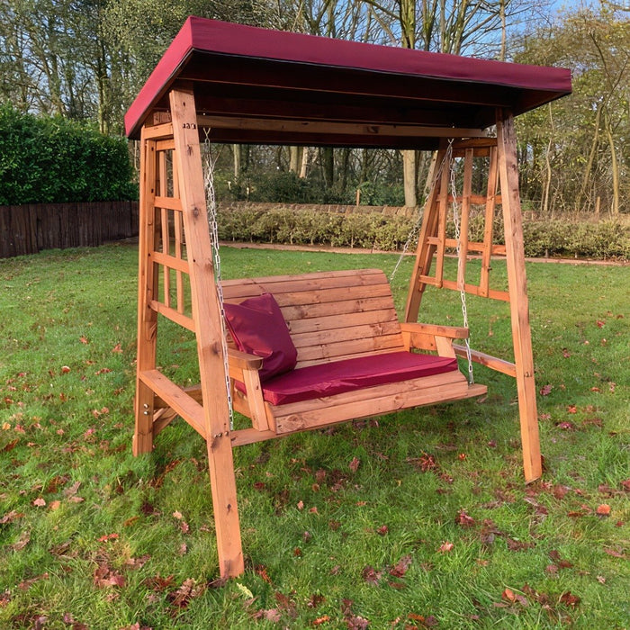 Charles Taylor ‘Dorset’ 2-Seater Wooden Swing with Burgundy Cushions & Detachable Roof Cover | HB133B