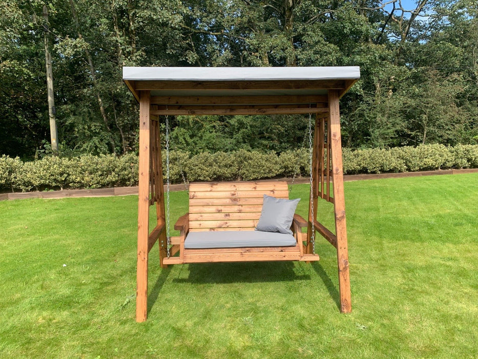 Charles Taylor ‘Dorset’ 2-Seater Wooden Swing with Grey Cushions & Detachable Roof Cover | HB133GR